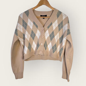 Cropped Knit Cardigan Argyle Tartan School Girl Light Fall Layering Preppy